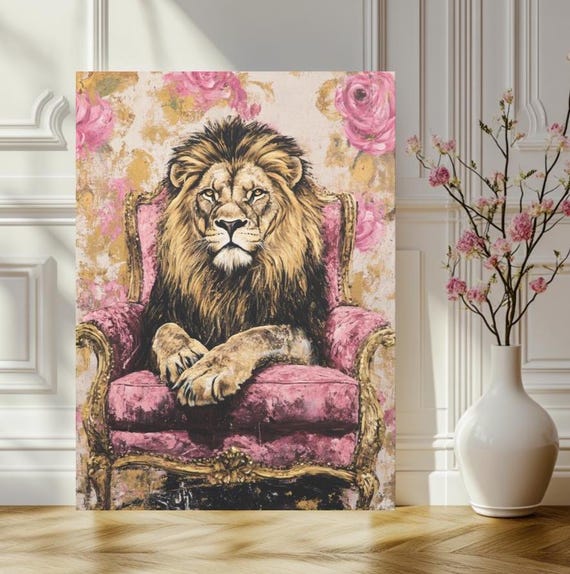 Royal Lion Wall Art Bold Animal King On Pink Throne Canvas Glam Jungle Decor Statement For Office Or Bedroom Regal Print