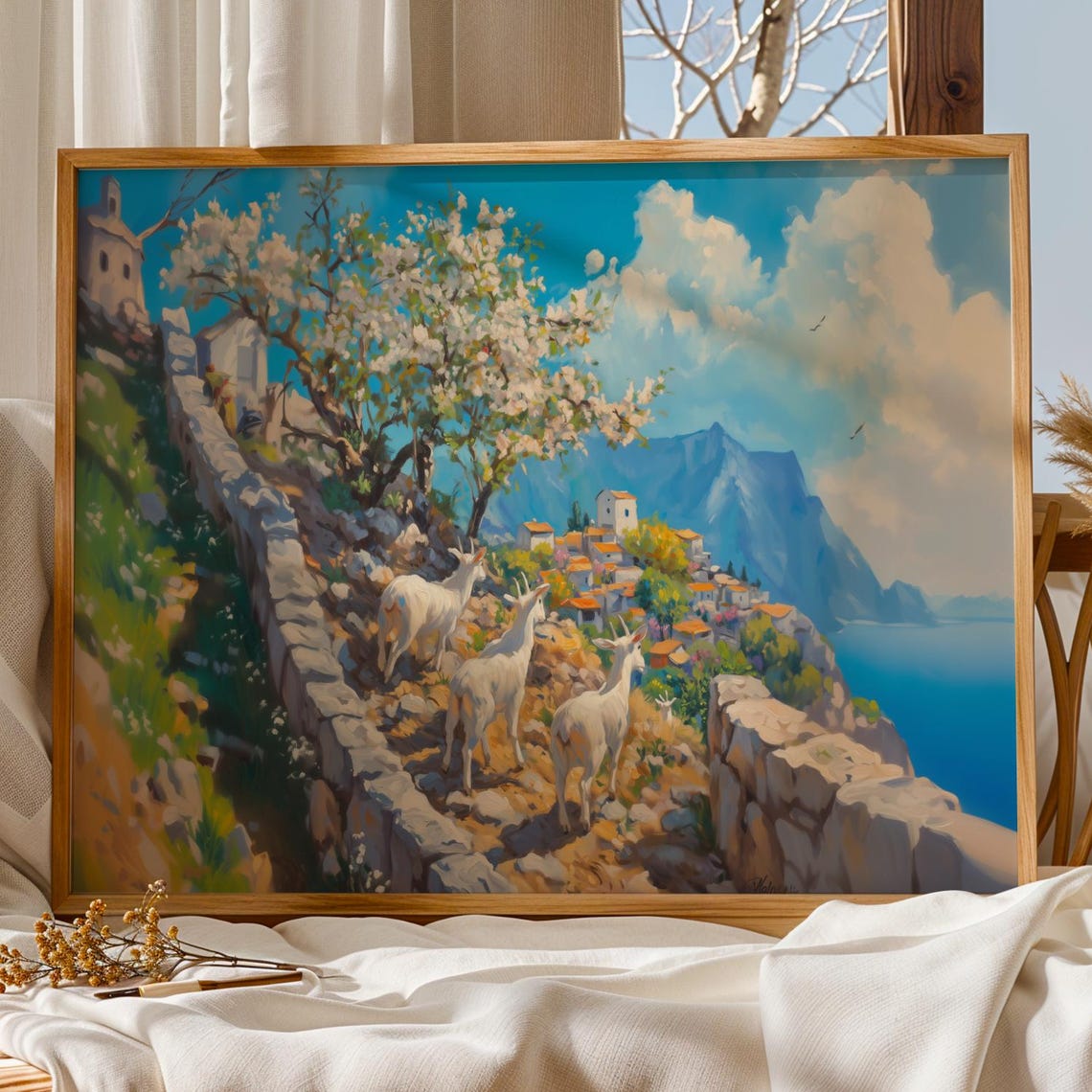 Mediterranean Goat Village Coastal Mountain Path Painting Blooming Tree Landscape Print For Rustic Kitchen Or Summer Home Decor