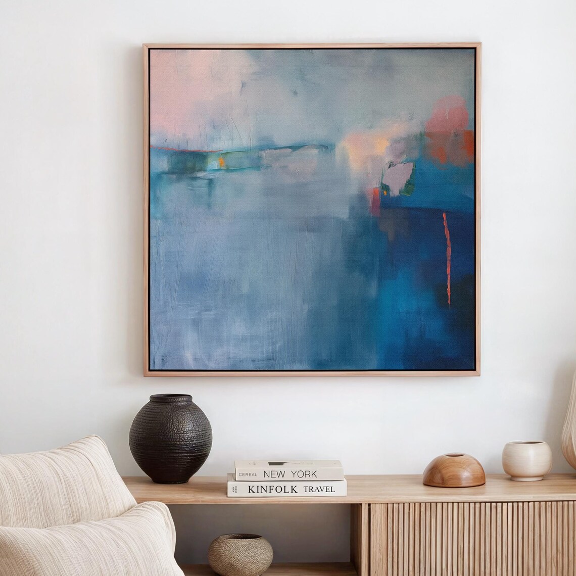 Contemporary Blue Abstract Canvas With Coral Accents Wall Art