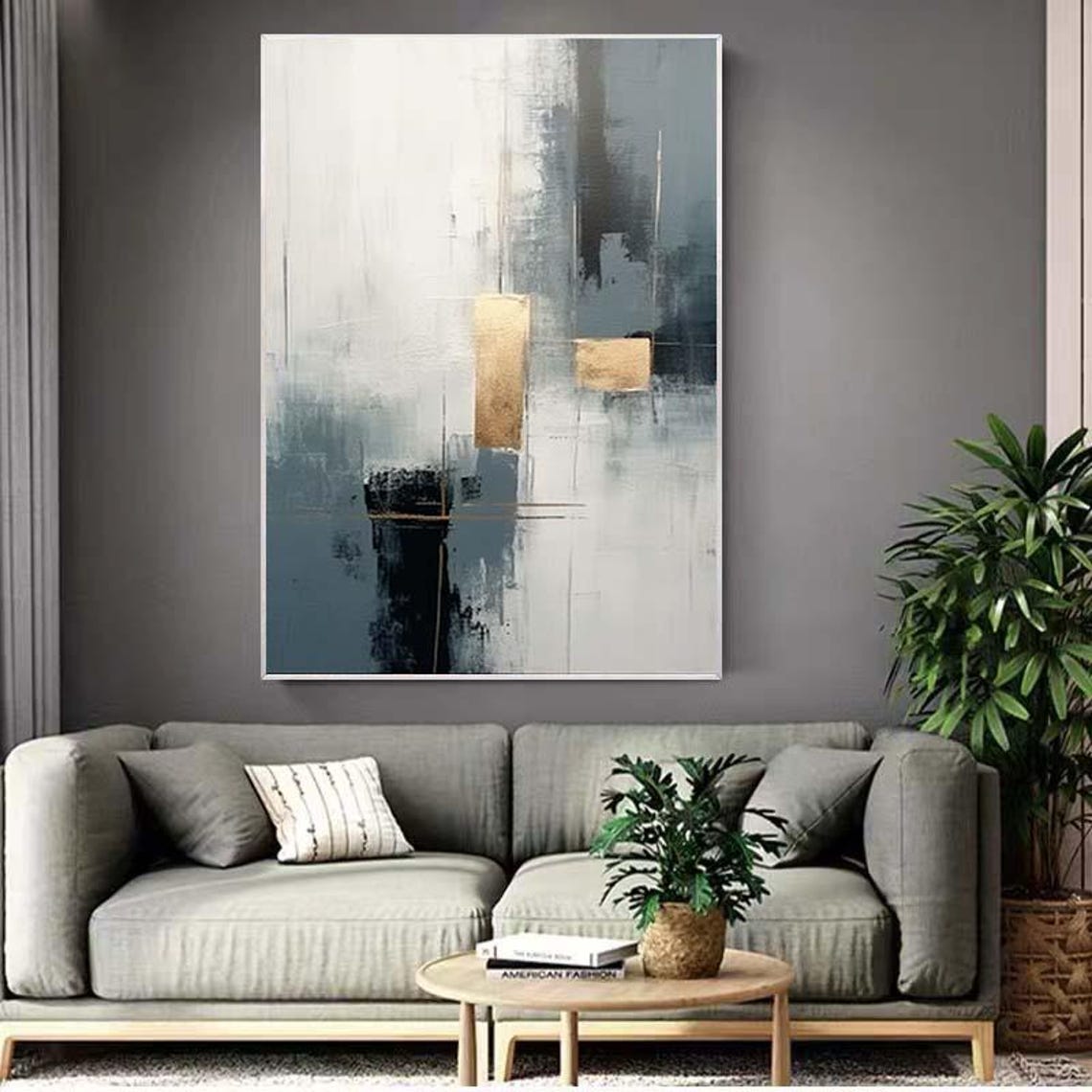 Minimalist Grey White Abstract Painting with Gold Accent Blocks Poster - Image 3