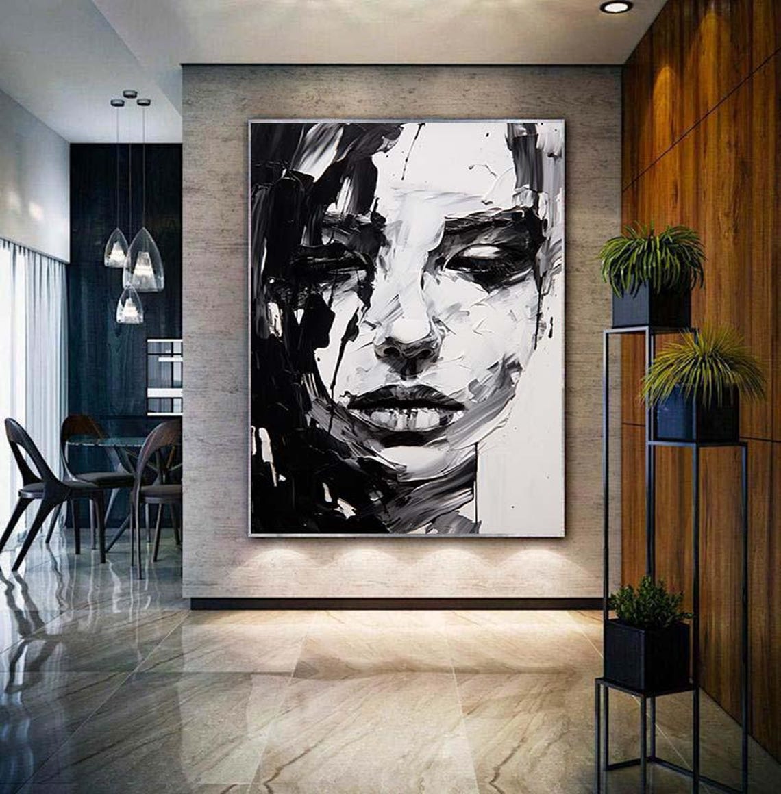 Large Black And White Painting Original Woman Painting On Black And White Female Portrait Black And White Art Oil Paintings On - Image 4