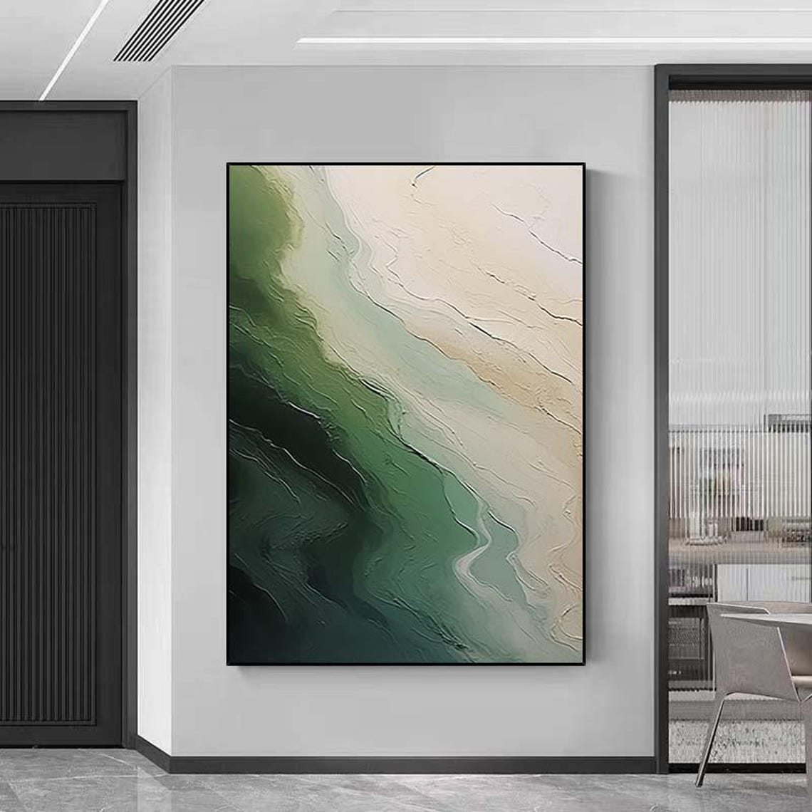 Emerald Green Beige Textured Abstract Flowing Waves Wall Poster - Image 5