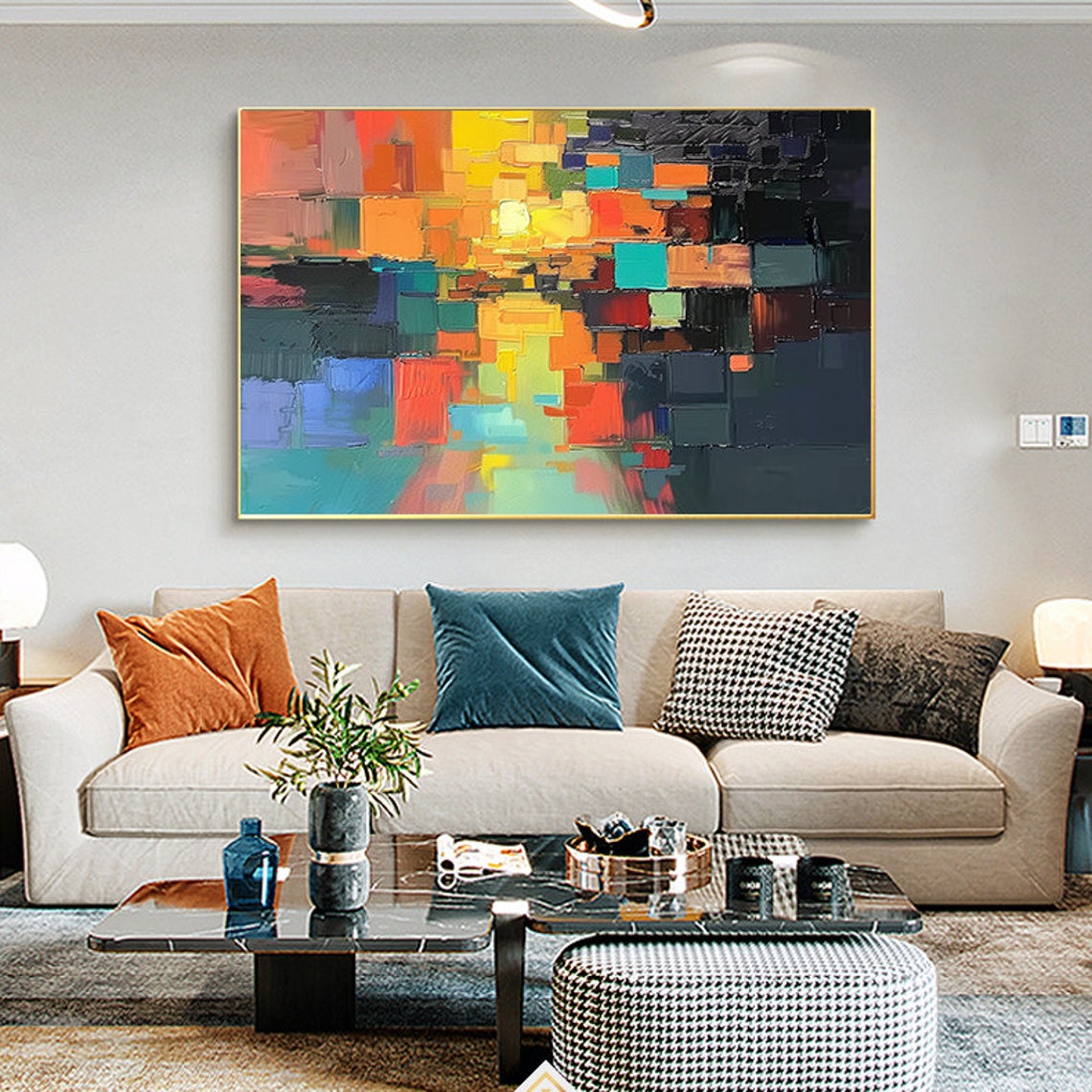 Vibrant Pixel Block Sunset Abstract City Glow Painting Poster - Image 3