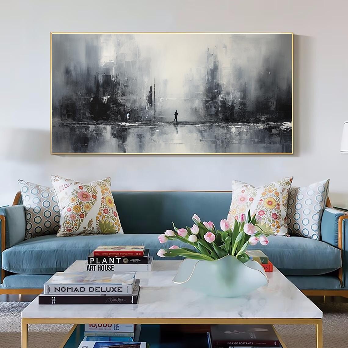 Monochrome Misty City Skyline With Lone Figure Oil Painting Poster - Image 3