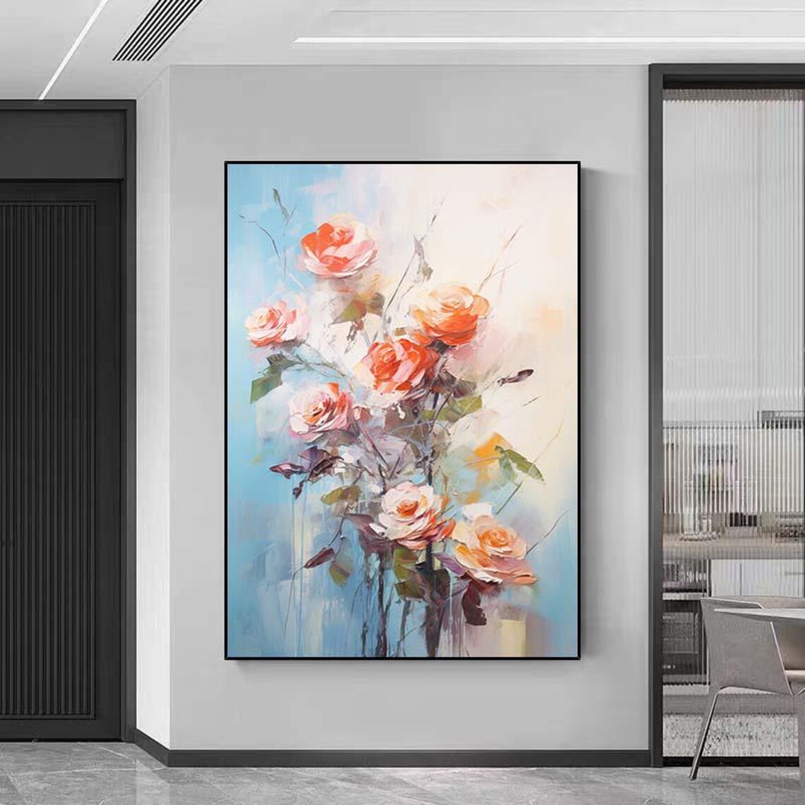 Coral Pink Roses Soft Blue Floral Impasto Painting Wall Poster - Image 5