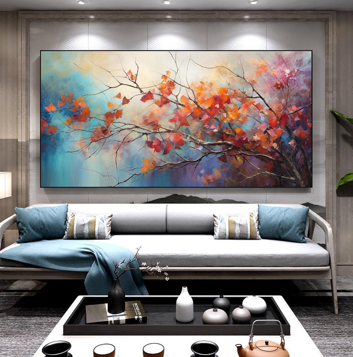 Autumn Branch Red Leaves Blue Teal Horizontal Tree Painting Poster - Image 5