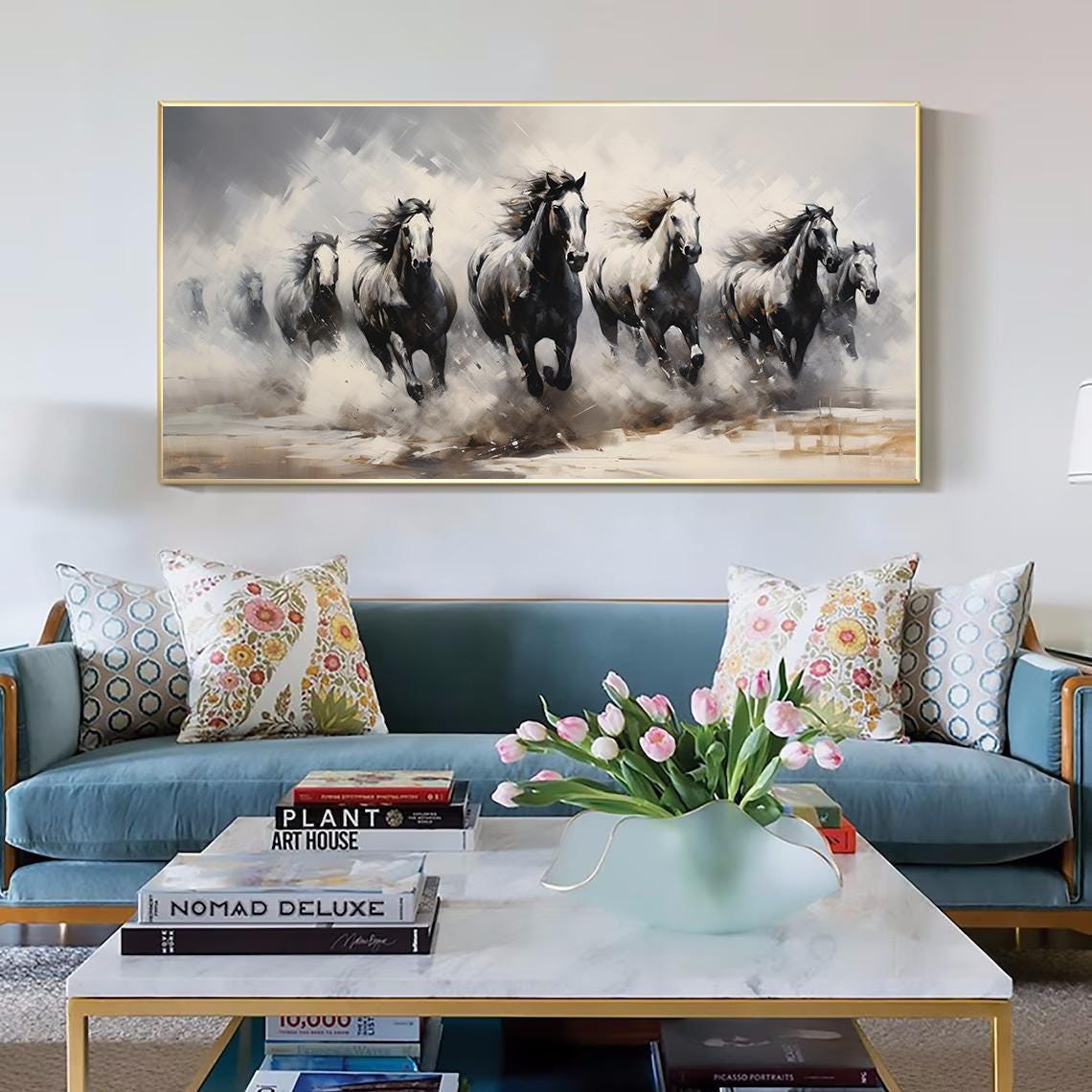 Wild Horses Running Through Mist Monochrome Herd Painting Poster - Image 3