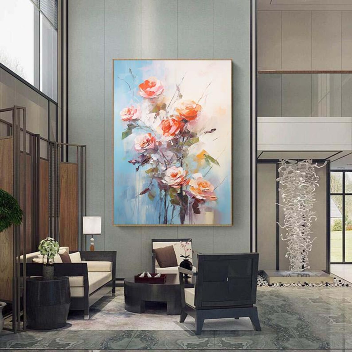 Coral Pink Roses Soft Blue Floral Impasto Painting Wall Poster - Image 4