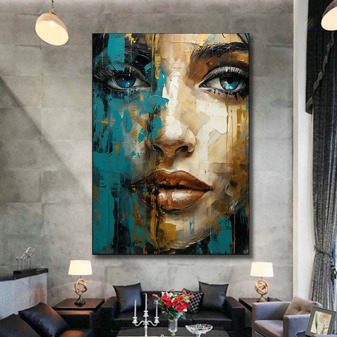 Teal Gold Abstract Woman Face Modern Portrait Blue Eyes Wall Poster - Image 2