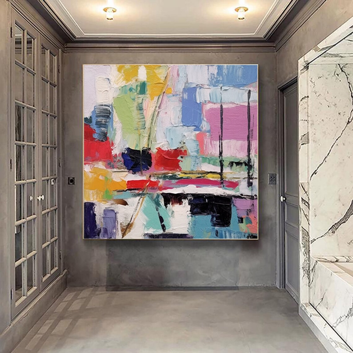 Colorful Mosaic Blocks Abstract Impasto Modern Painting Poster - Image 2