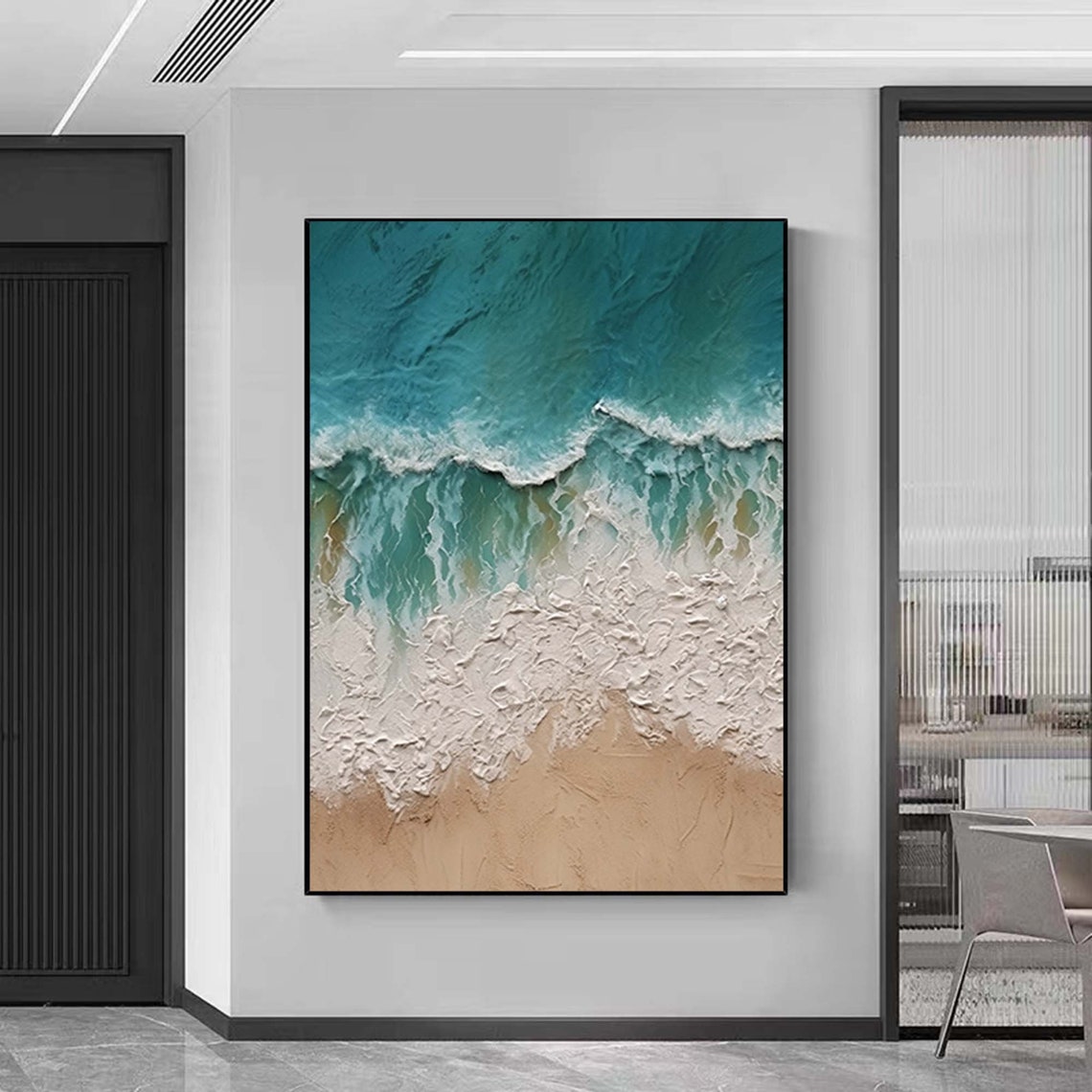 Turquoise White Ocean Waves Beach 3D Textured Coastal Wall Poster - Image 6