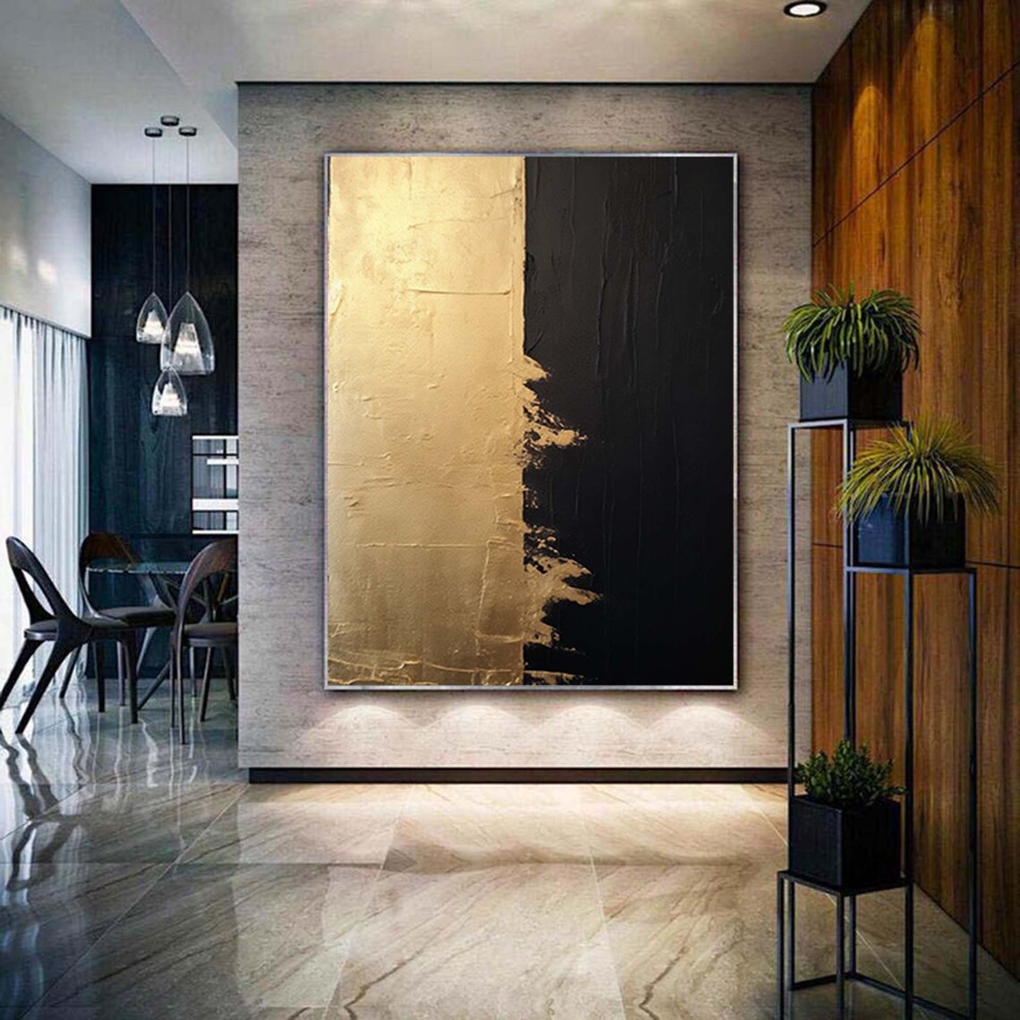 Black and Gold Abstract Art Print, Gold Leaf Style - Image 3