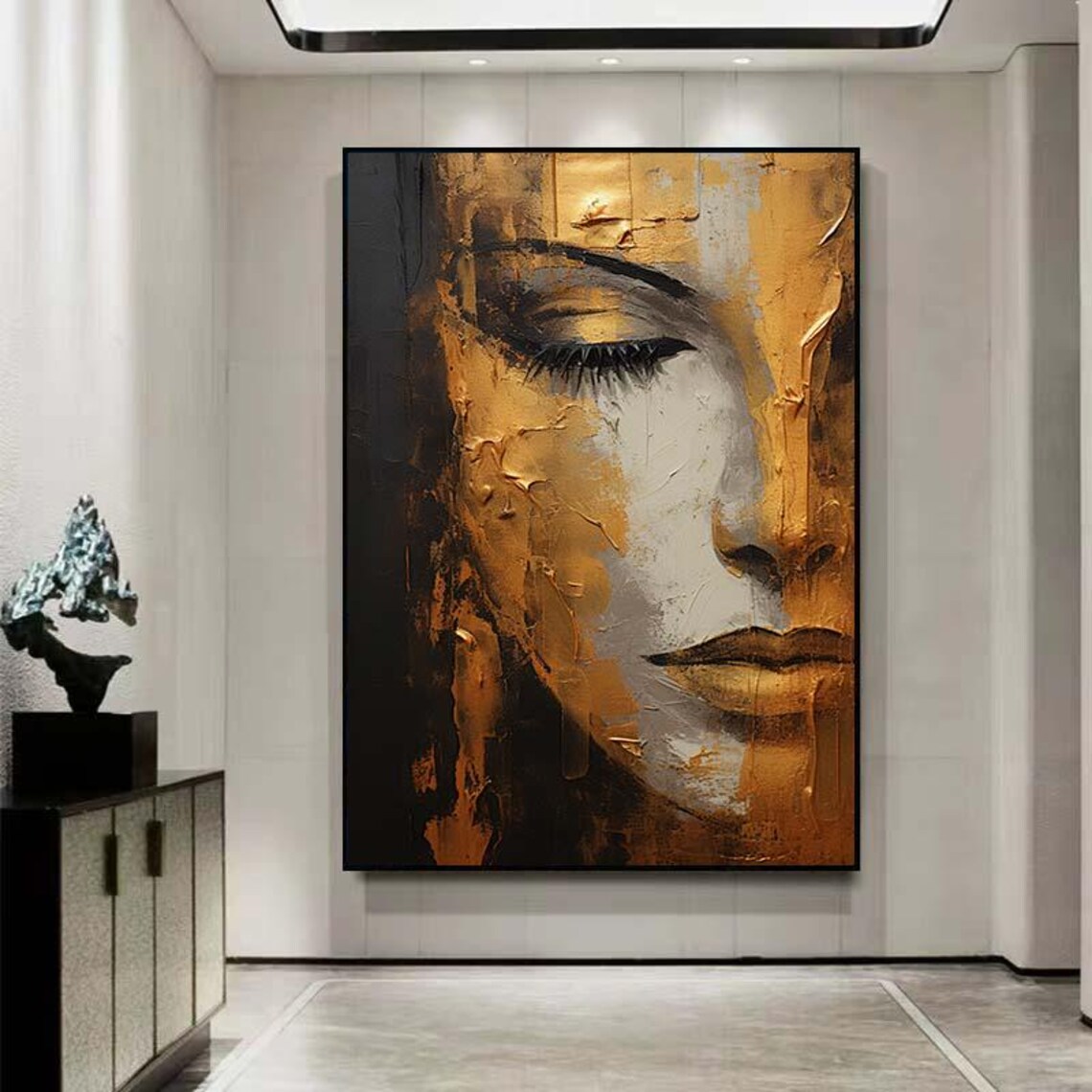 Abstract Gold Textured Portrait, Handmade Oil Painting - Image 2