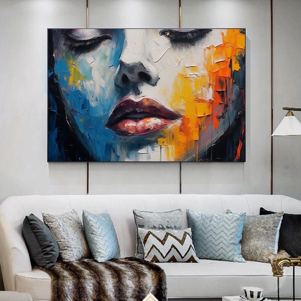 Blue Orange Abstract Woman Face Palette Knife Oil Painting Poster - Image 3