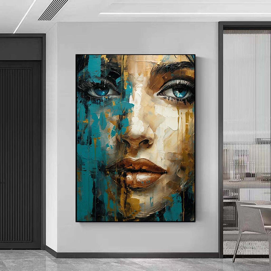 Teal Gold Abstract Woman Face Modern Portrait Blue Eyes Wall Poster - Image 4
