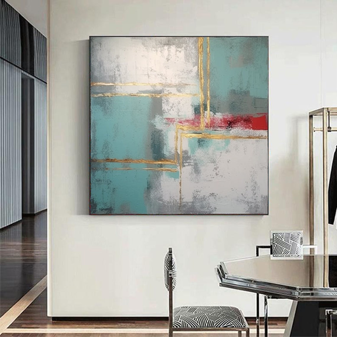 Geometric Teal White Abstract With Gold Lines And Red Band Poster - Image 6