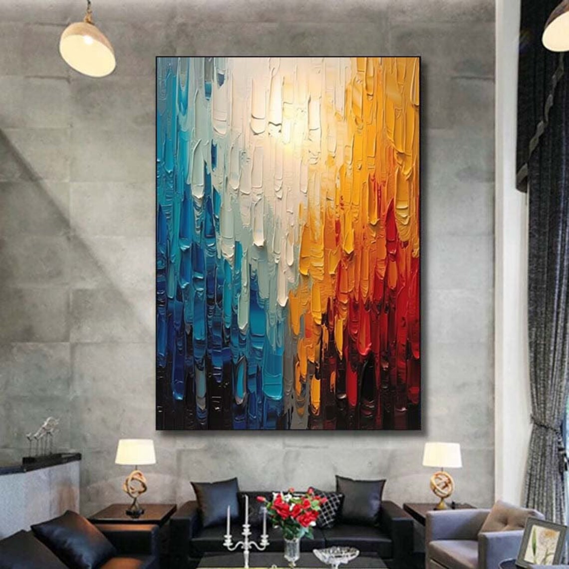 Blue to Crimson Palette Knife Ombre Drip Abstract Vertical Wall Poster - Image 6