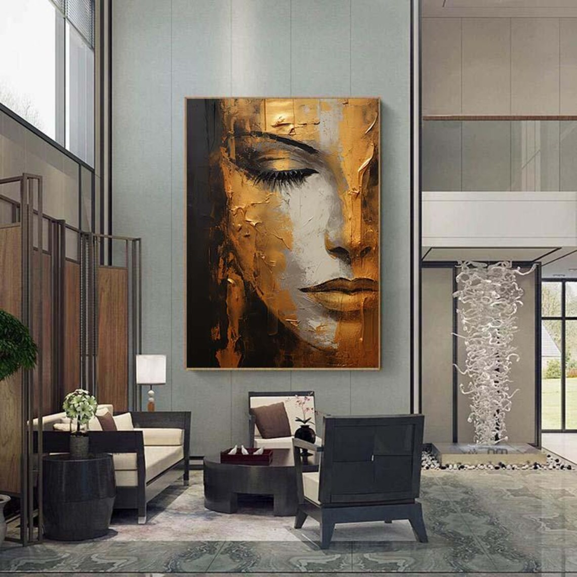 Abstract Gold Textured Portrait, Handmade Oil Painting - Image 5