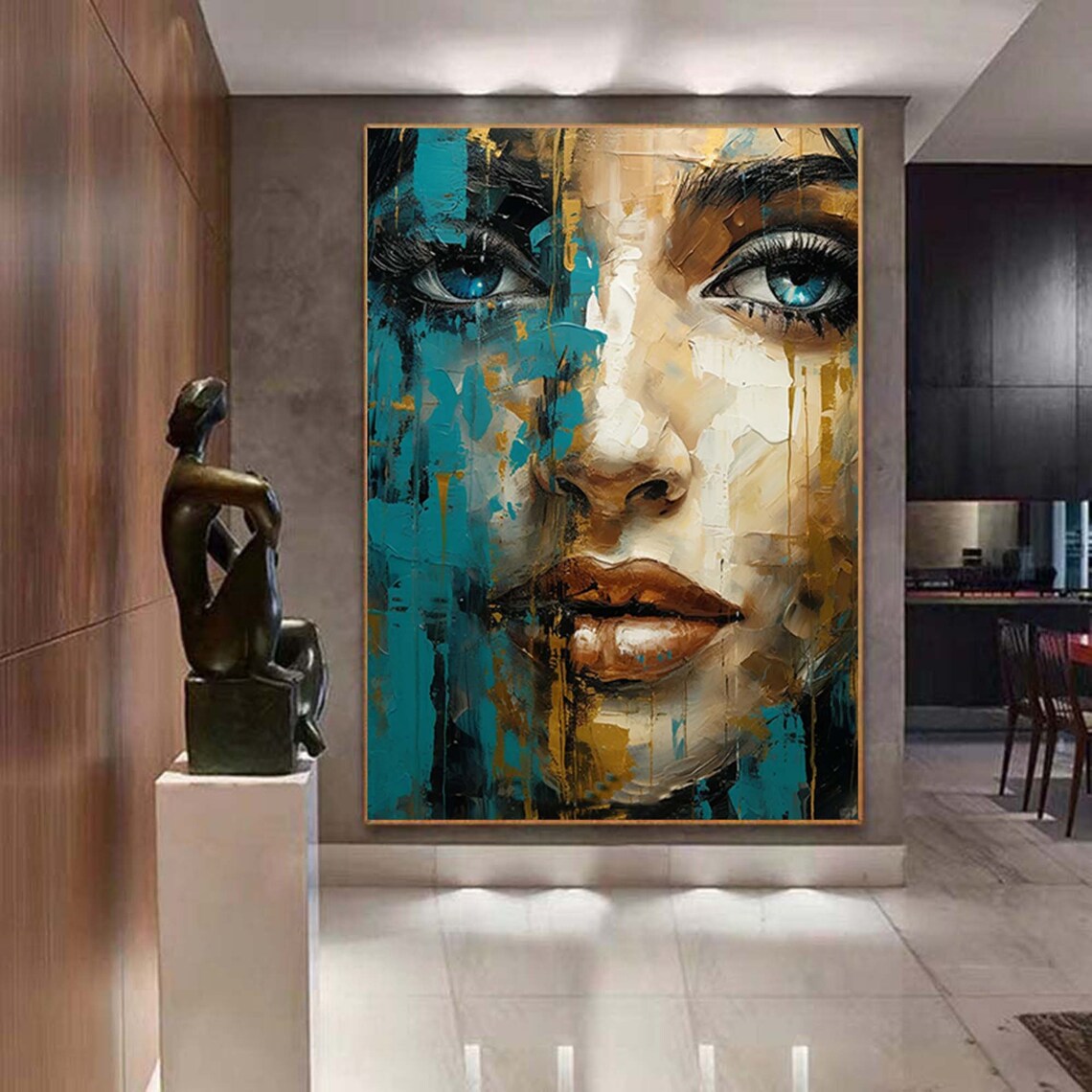 Teal Gold Abstract Woman Face Modern Portrait Blue Eyes Wall Poster - Image 3