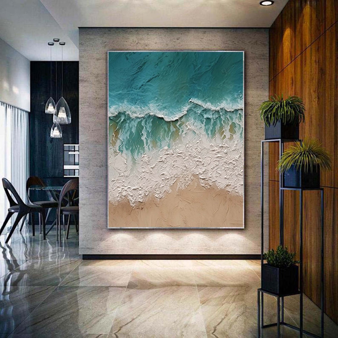 Turquoise White Ocean Waves Beach 3D Textured Coastal Wall Poster - Image 5