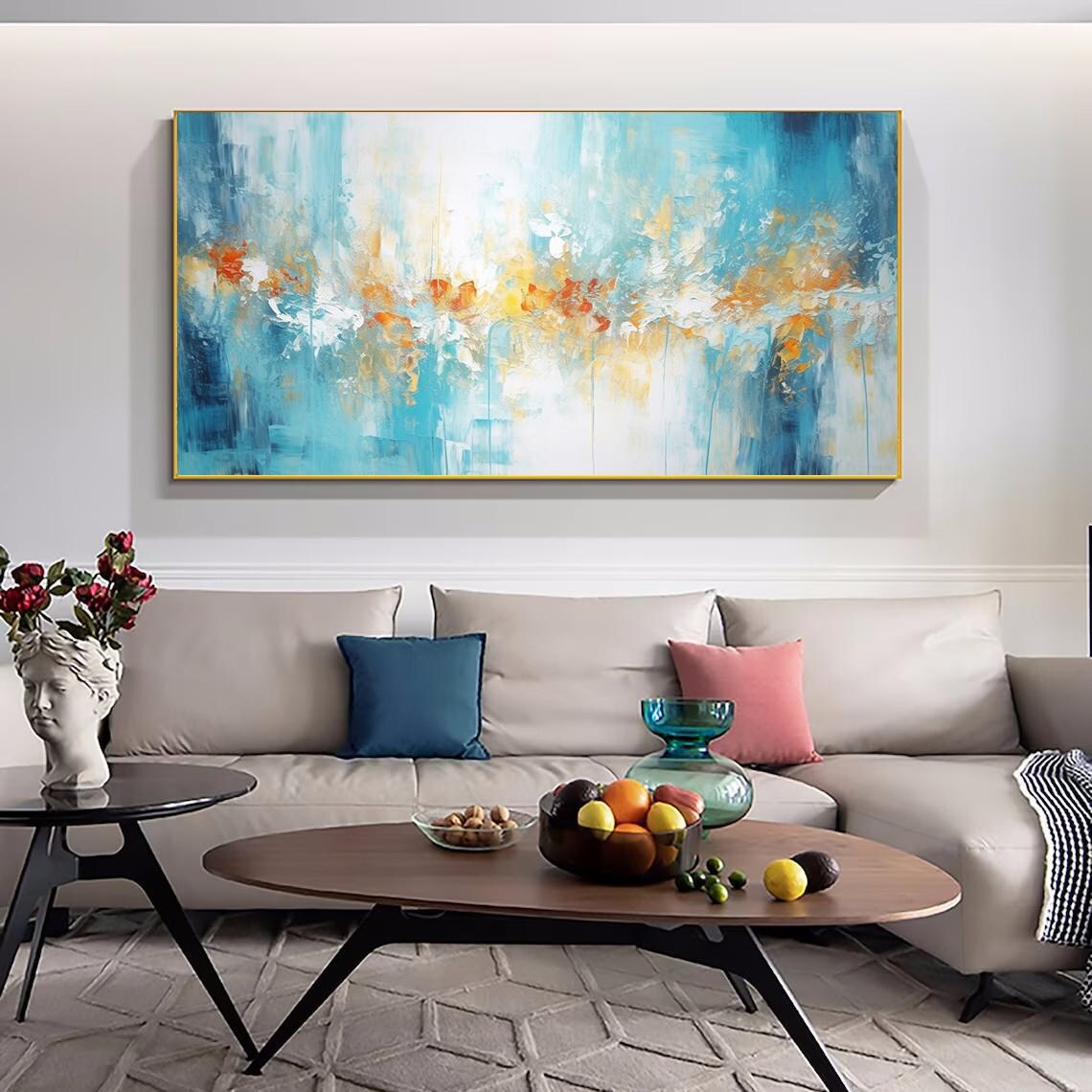 Turquoise Blue Abstract Oil Painting With Golden Amber Accents Poster - Image 2