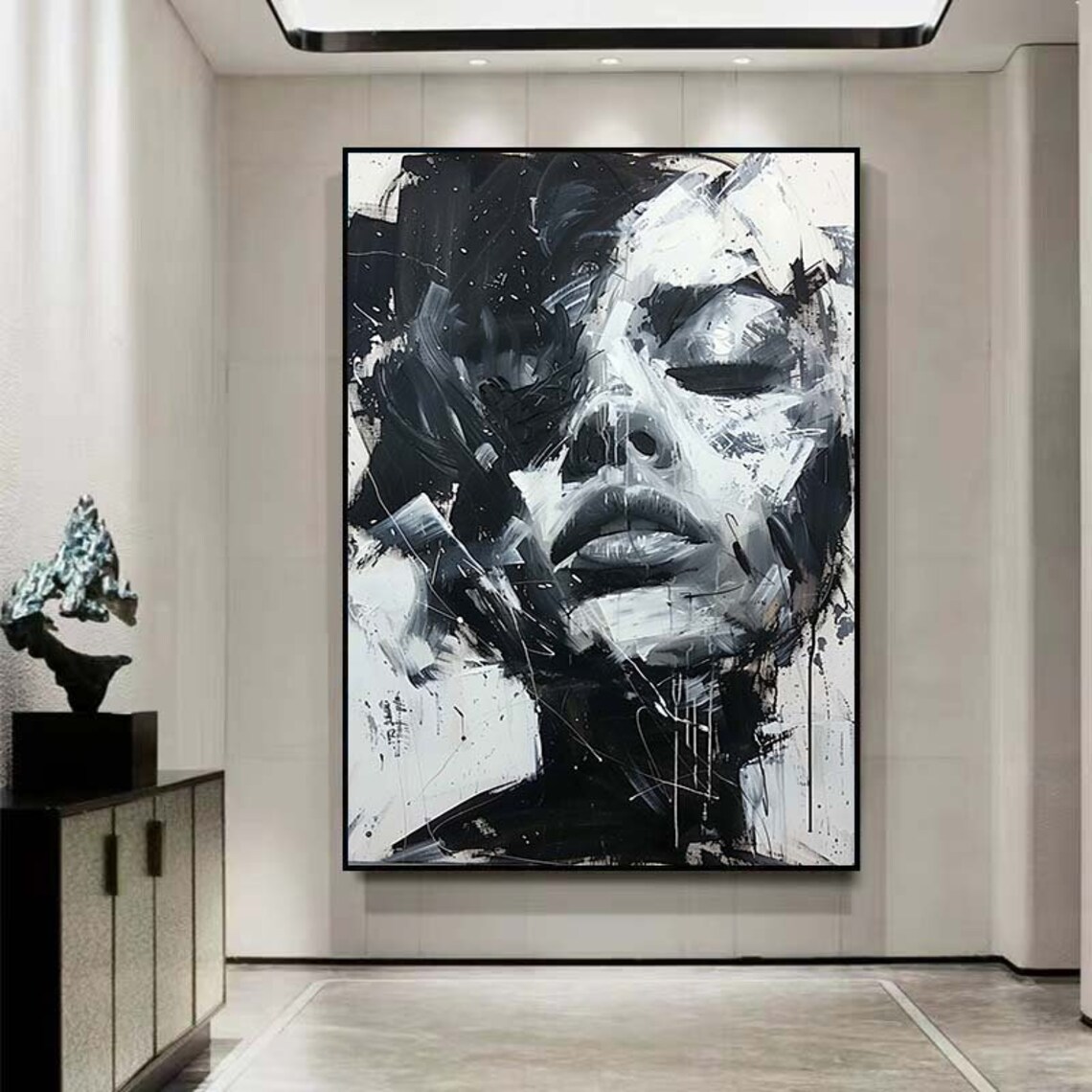 Black and White Woman Portrait Oil Painting Art Print - Image 2