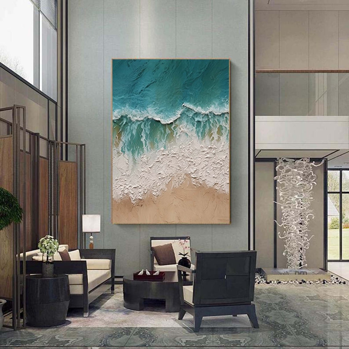 Turquoise White Ocean Waves Beach 3D Textured Coastal Wall Poster - Image 4