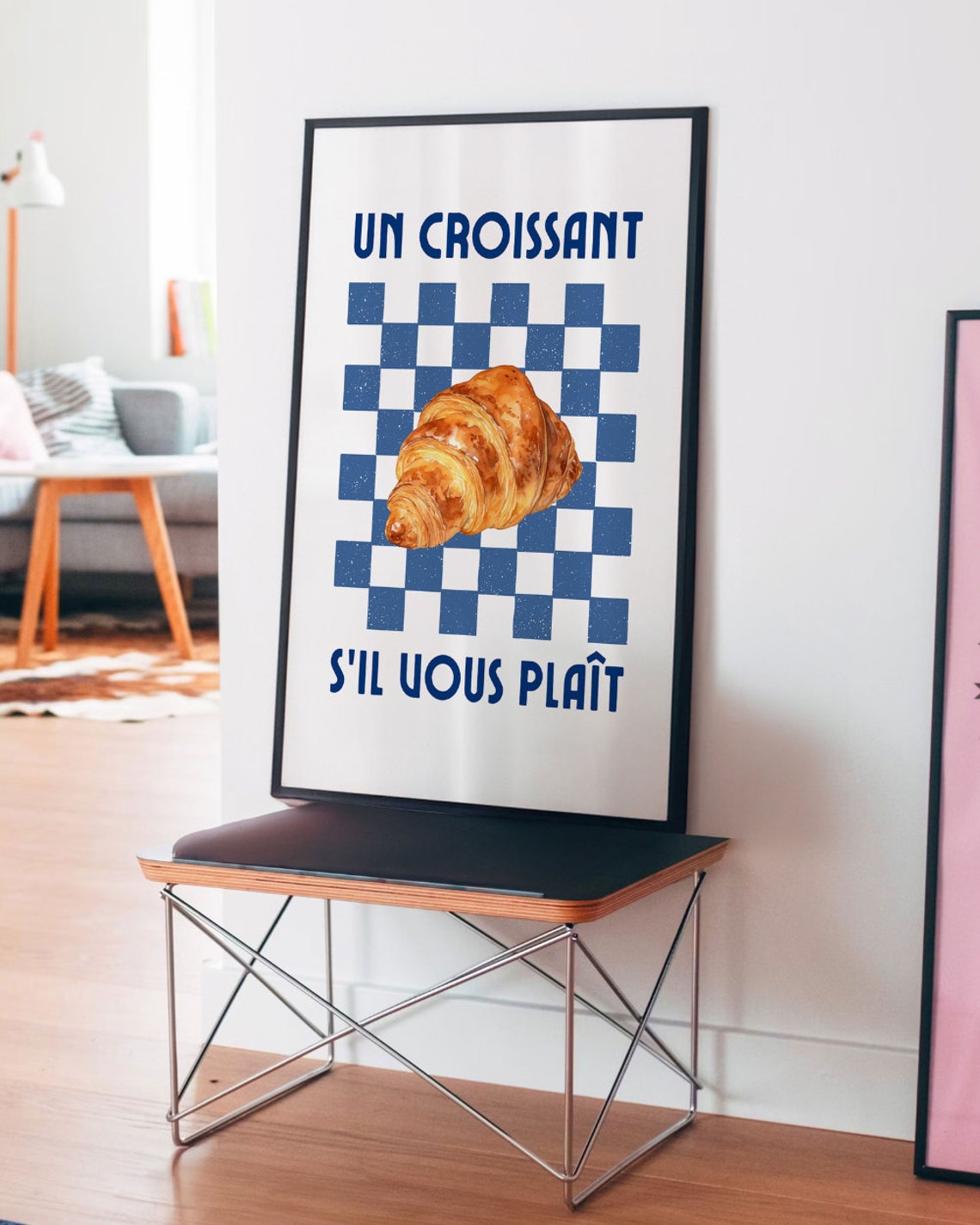 Un Croissant French Cafe Bakery Blue Checkered Kitchen Art Poster - Image 2