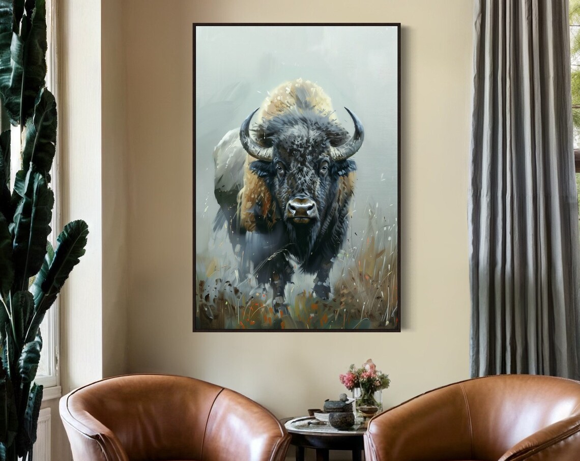 Bison Portrait Misty Grassland Realistic Buffalo Wildlife Art Print Wall Poster - Image 5