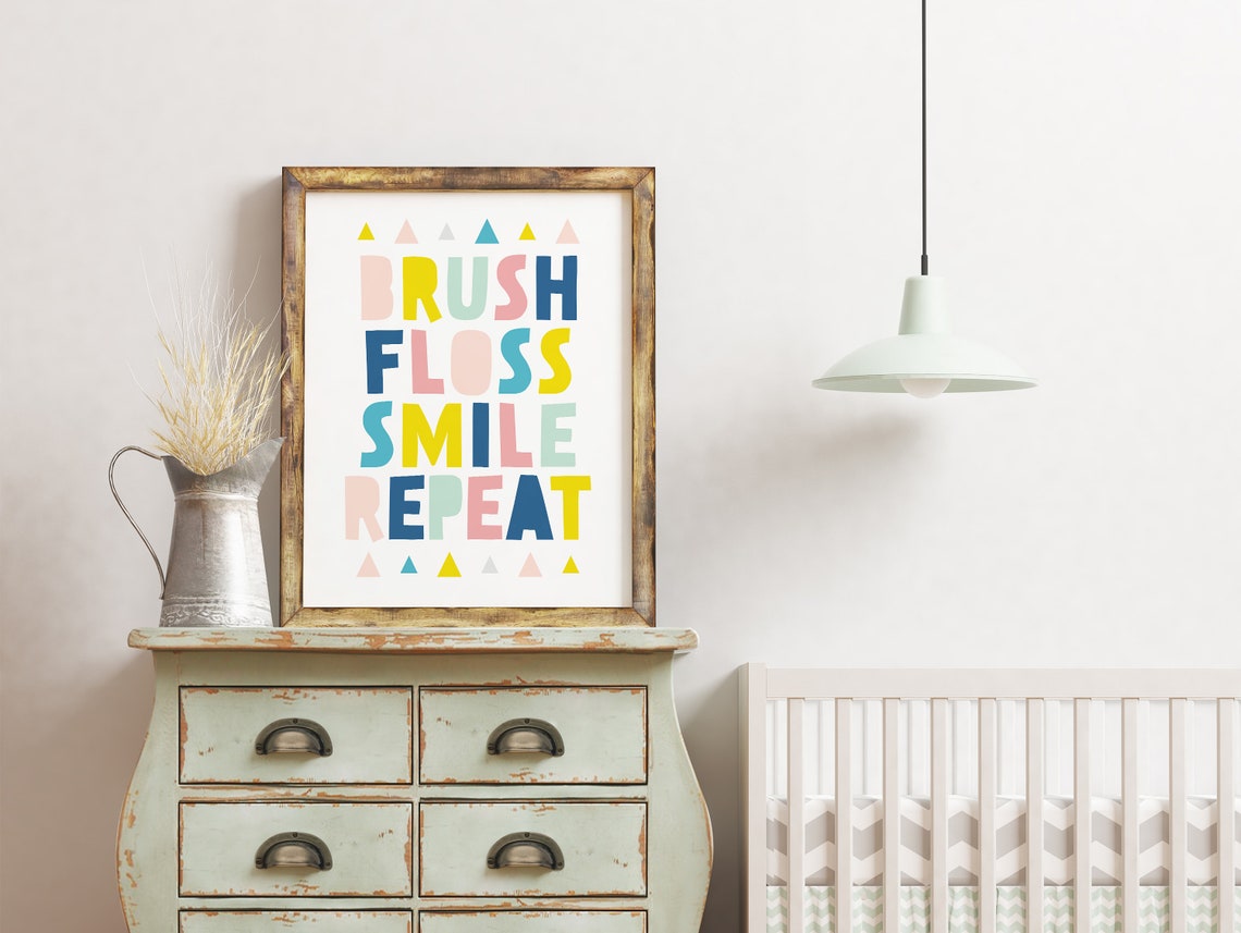 Brush Floss Smile Repeat Colorful Kids Bathroom Routine Poster - Image 2