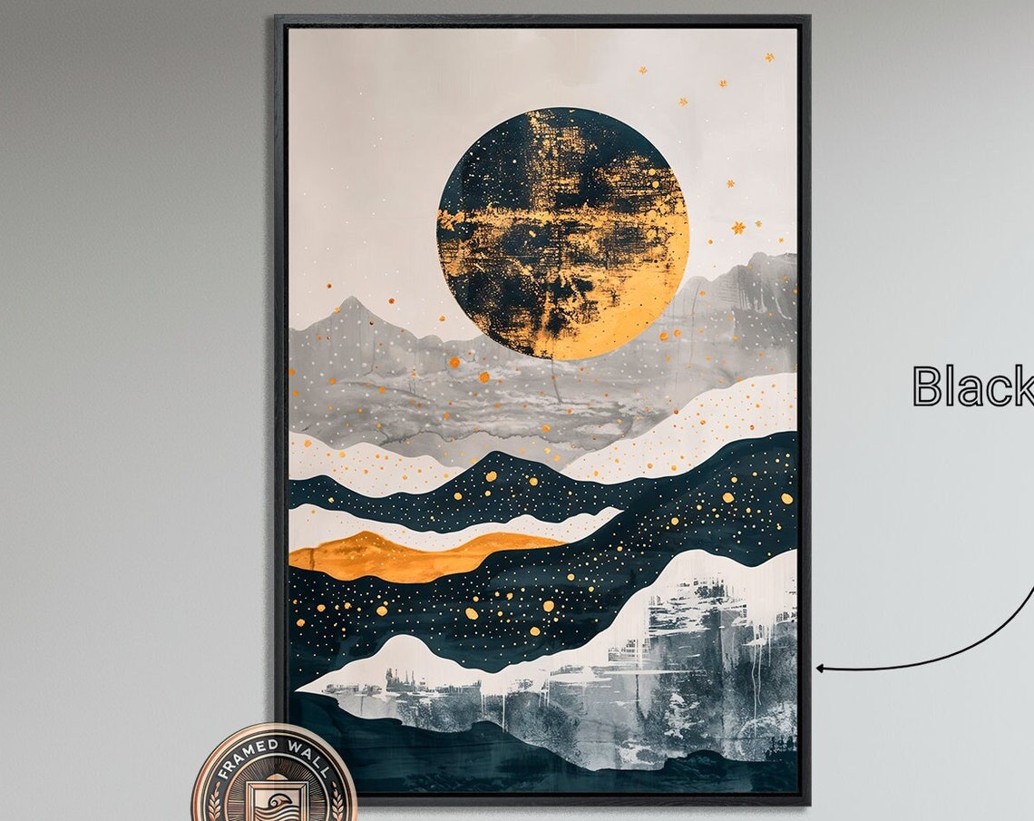 Golden Full Moon Over Layered Midnight Mountains Abstract Poster