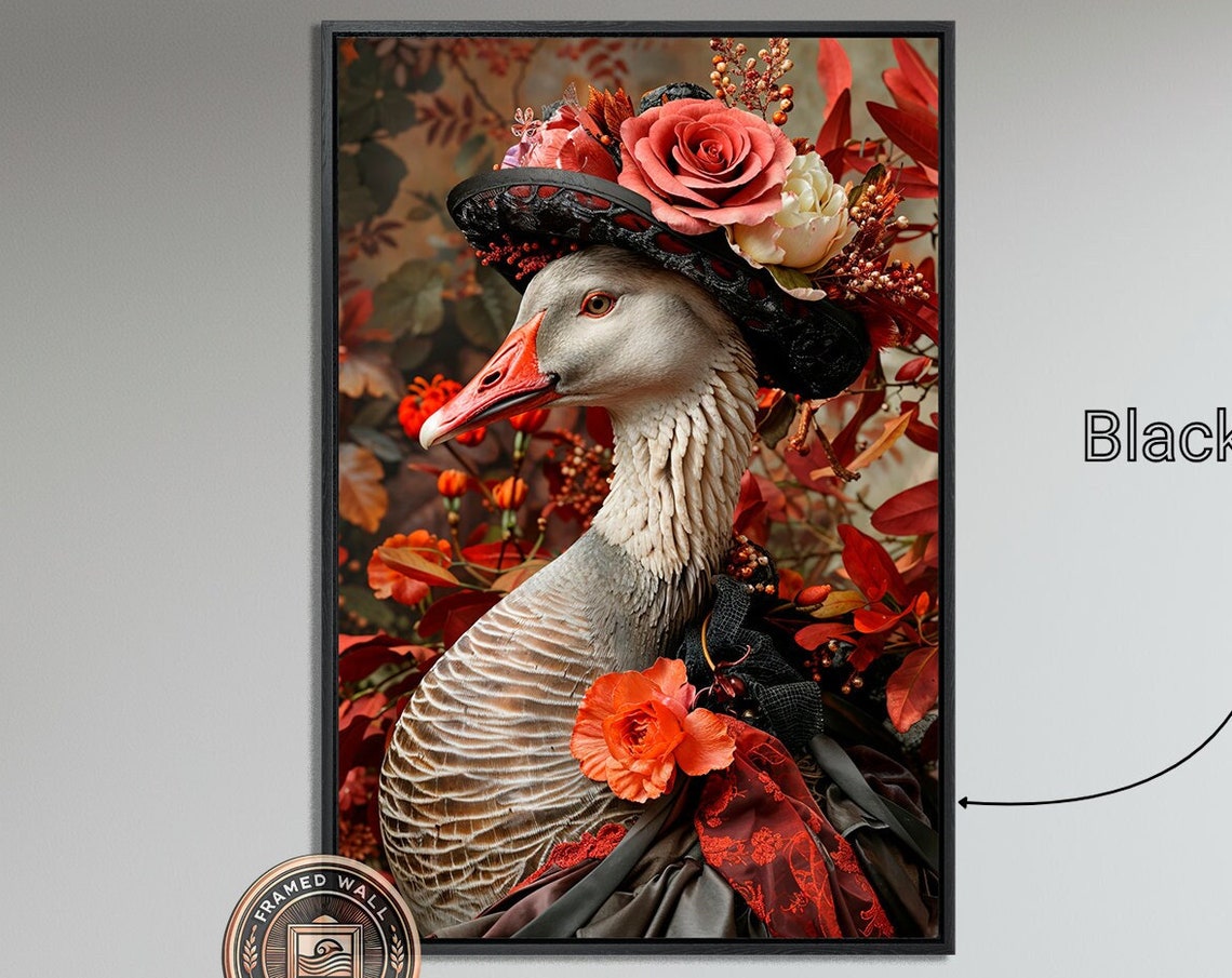 Elegant Goose Wearing Rose Hat Autumn Floral Portrait Art Poster