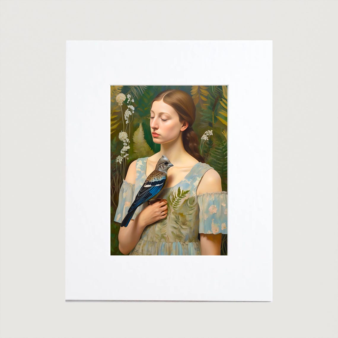 Woman With Blue Bird Fern Botanical Fine Art Portrait Poster - Image 2