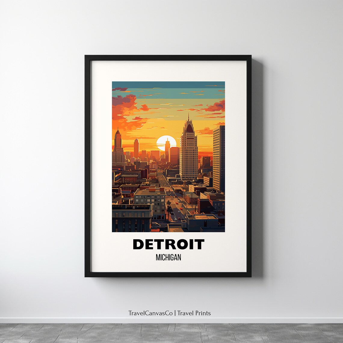 Detroit Michigan Sunset Skyline Poster With Glowing Downtown Towers