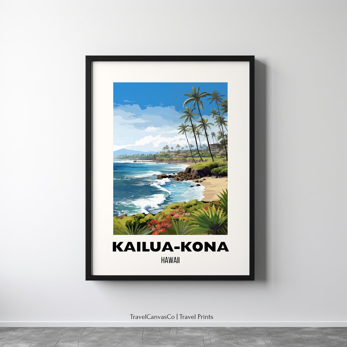 Kailua Kona Hawaii Tropical Palm Beach Coastline Travel Poster
