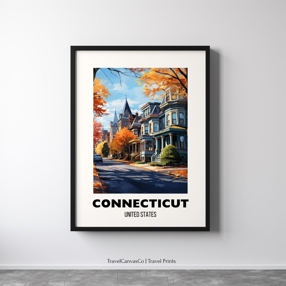 Connecticut Autumn Victorian Street Fall Colors Travel Poster
