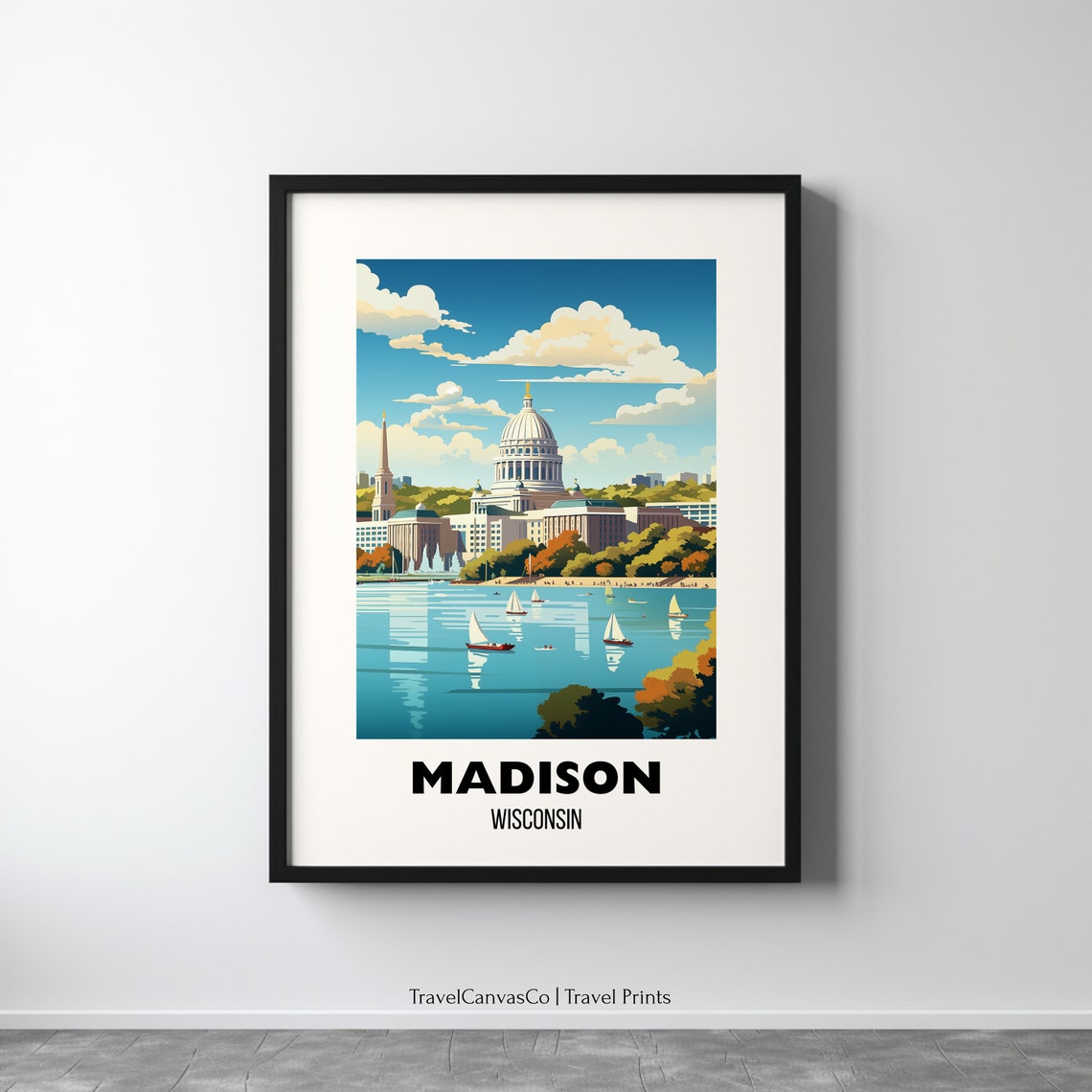 Madison Wisconsin Capitol Dome Lake Sailboat Vintage Travel Poster