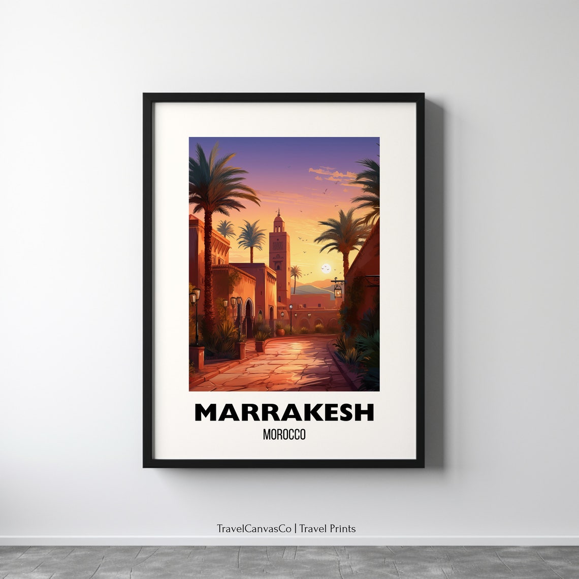 Marrakesh Morocco Sunset Poster With Medina Street and Minaret