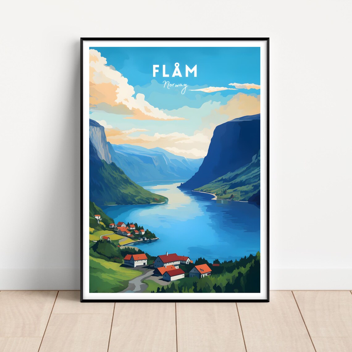 Flam Norway Fjord Village Red Cabins Steep Mountains Travel Poster