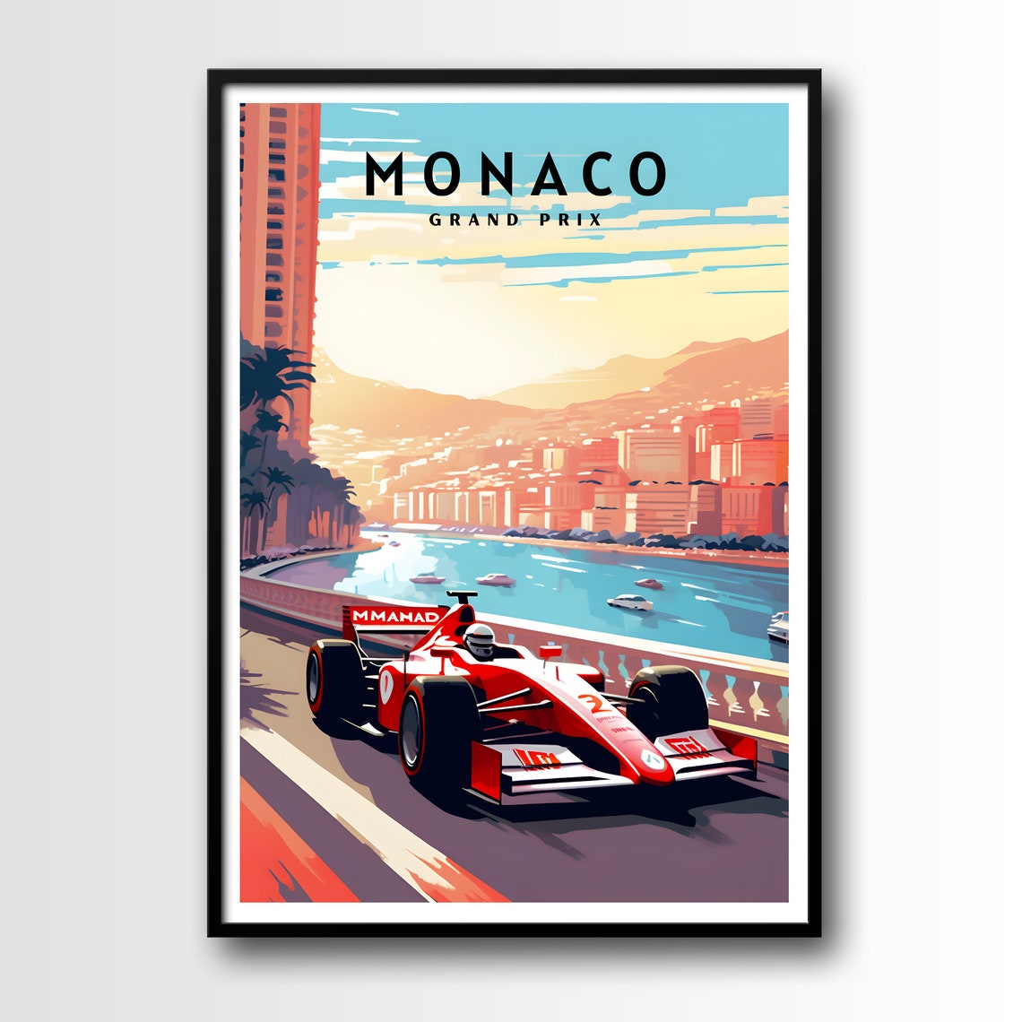Monaco Grand Prix Red Race Car Sunset Coastal Harbor Racing Poster