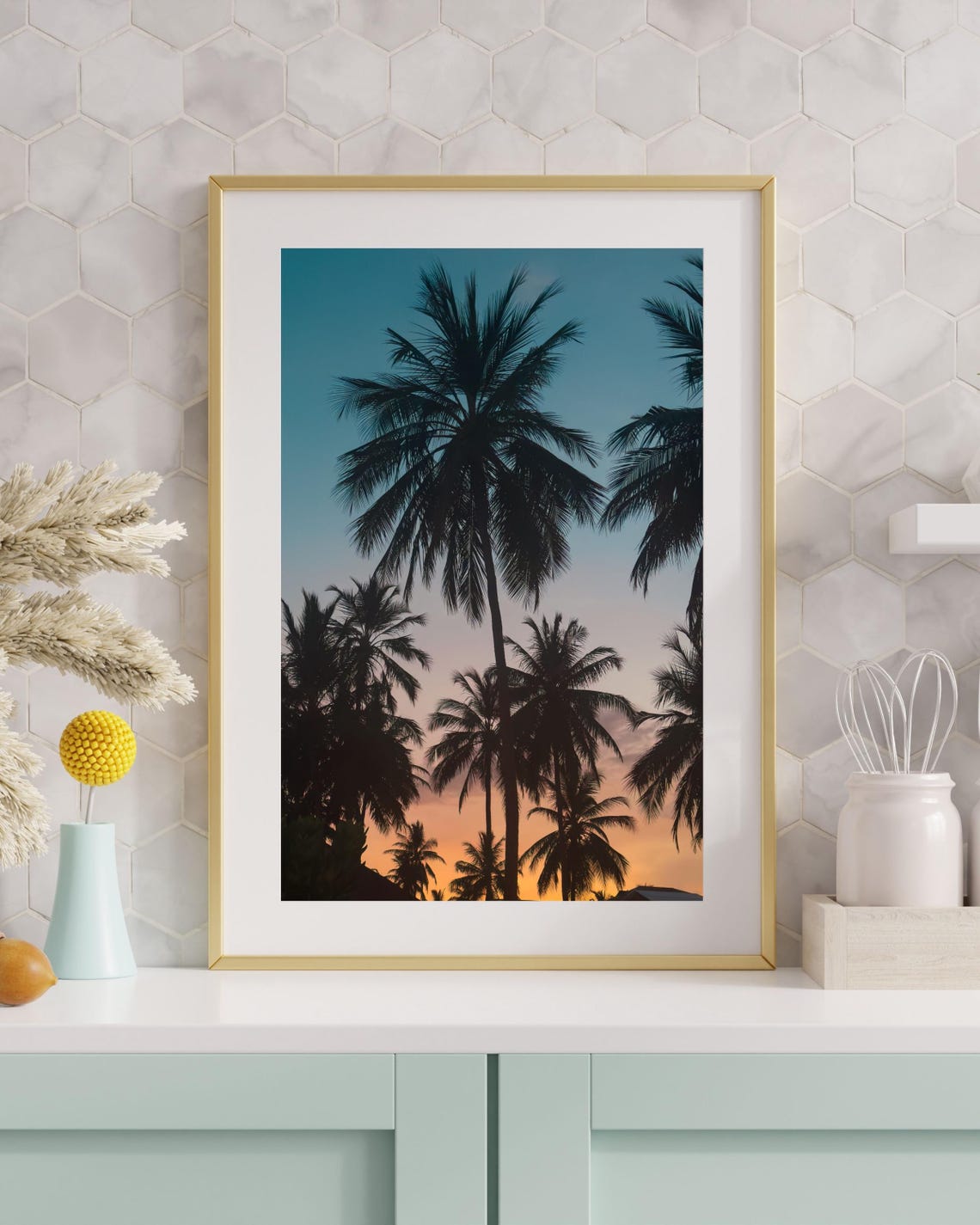 Sunset Palm Tree Silhouette Warm Orange Tropical Beach Photo Poster