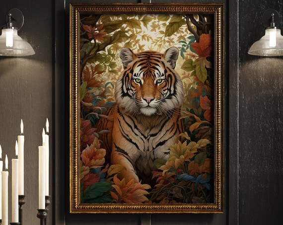 Tiger Portrait In Autumn Foliage Dark Moody Gold Frame Style Poster
