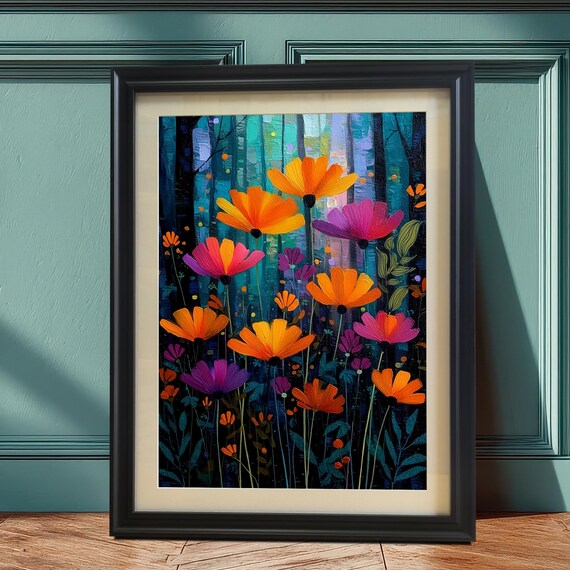 Orange And Purple Wildflowers In Dark Forest Abstract Art Poster