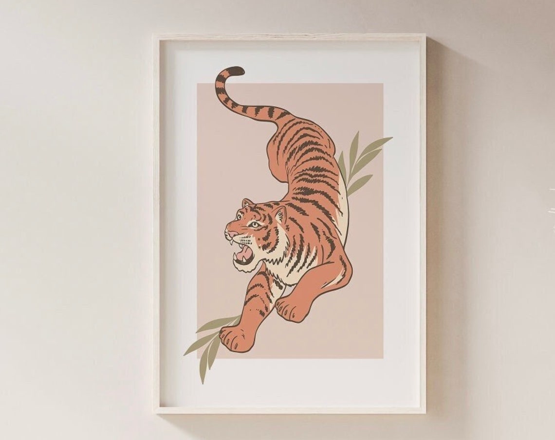 Burnt Orange Tiger Leaping Down Boho Style Illustration Poster