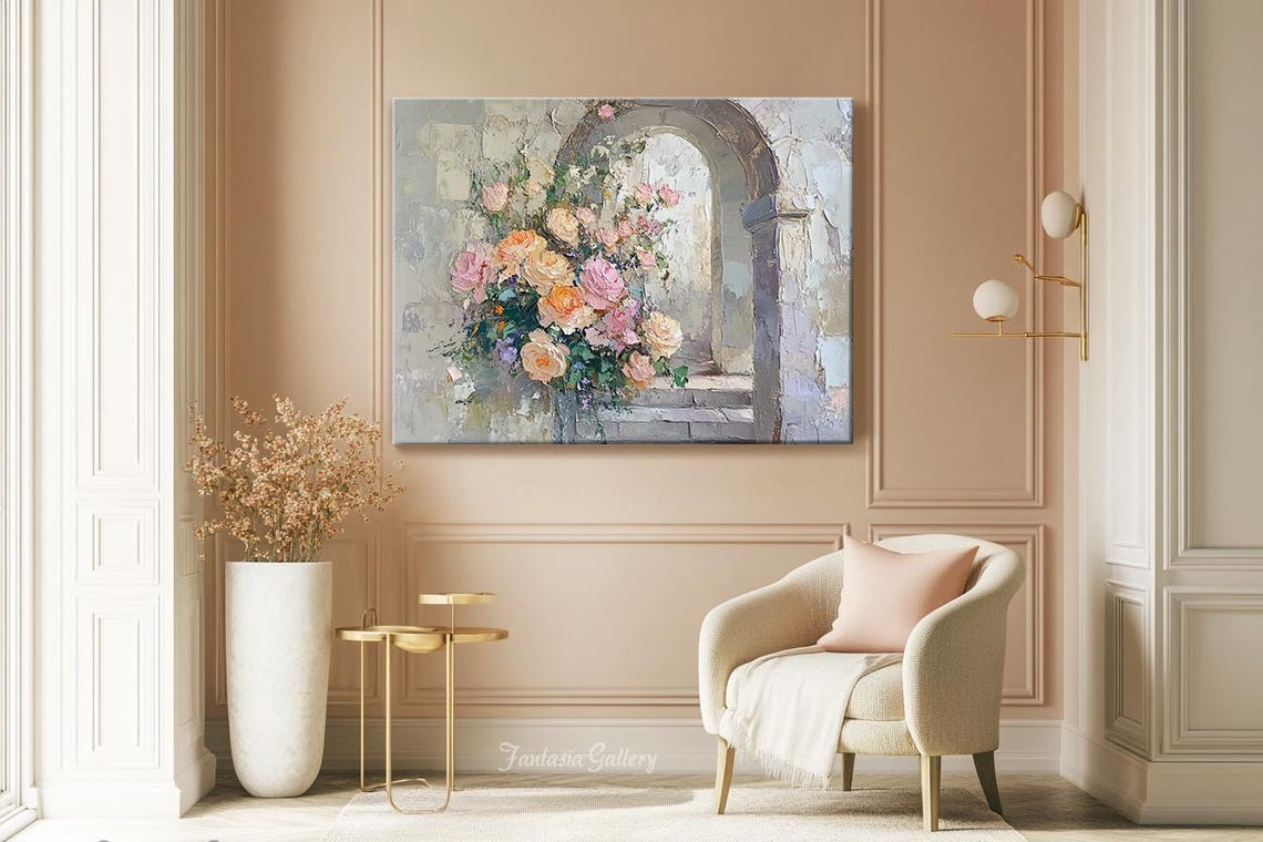 Romantic Floral Archway With Blush Pink Roses Textured Wall Art - Image 2