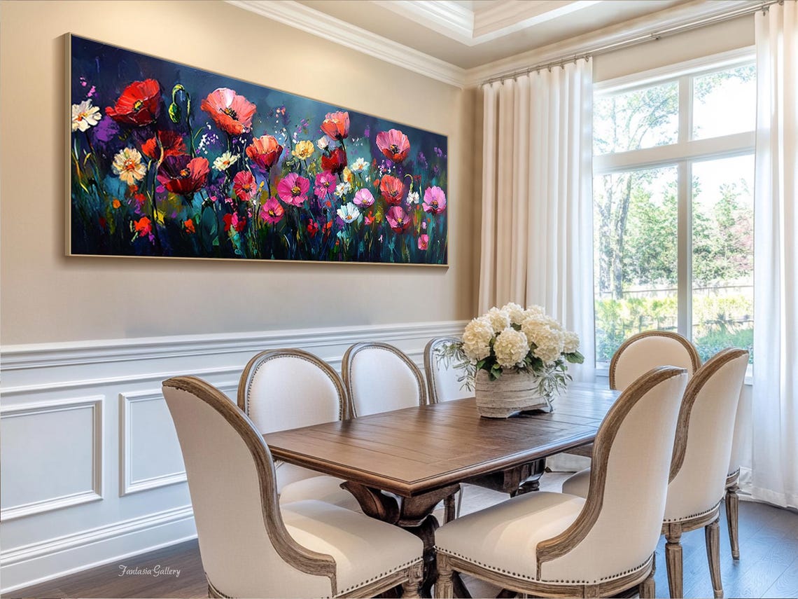 Vivid Poppies And Wildflowers On Midnight Blue Panoramic Wall Art - Image 3