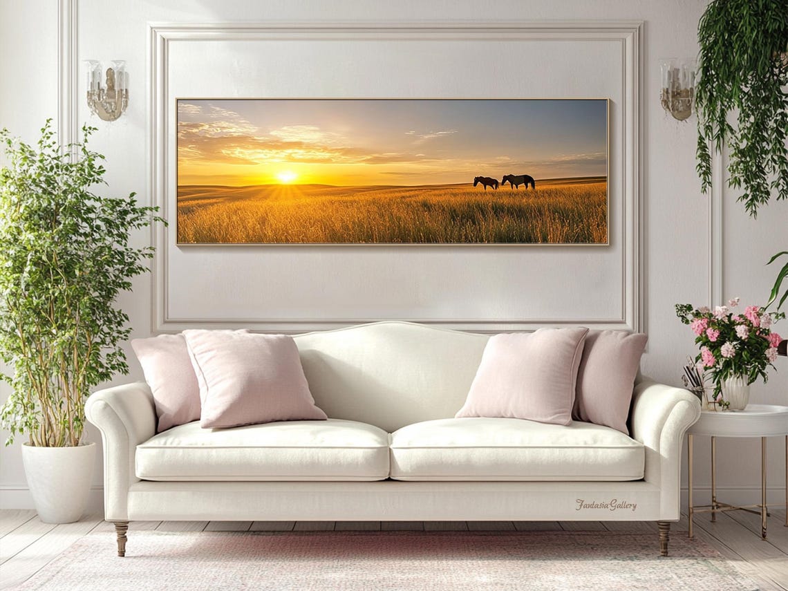 Golden Sunset Horses in Wheat Field Panoramic Landscape Oil Painting - Image 4