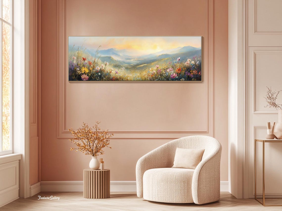 Golden Sunrise Over Wildflower Meadow And Misty Mountains Wall Art - Image 3