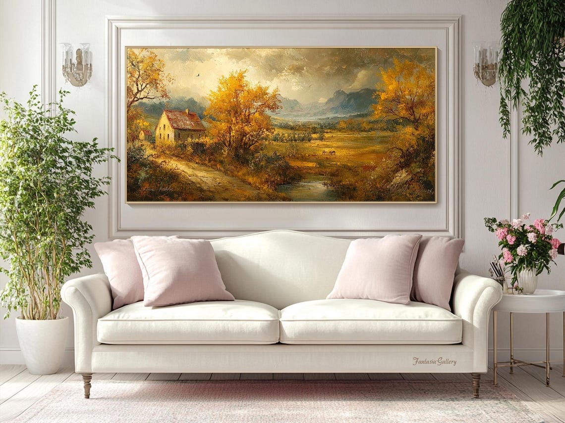 Golden Autumn Landscape Oil Painting On Original Rustic Countryside Scene Wall Art Living Room Wall Art Vintage Farmhouse Wall Decor - Image 2
