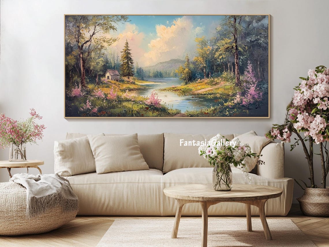 Forest Lake Cabin Spring Blossoms Impressionist Oil Painting Landscape - Image 4